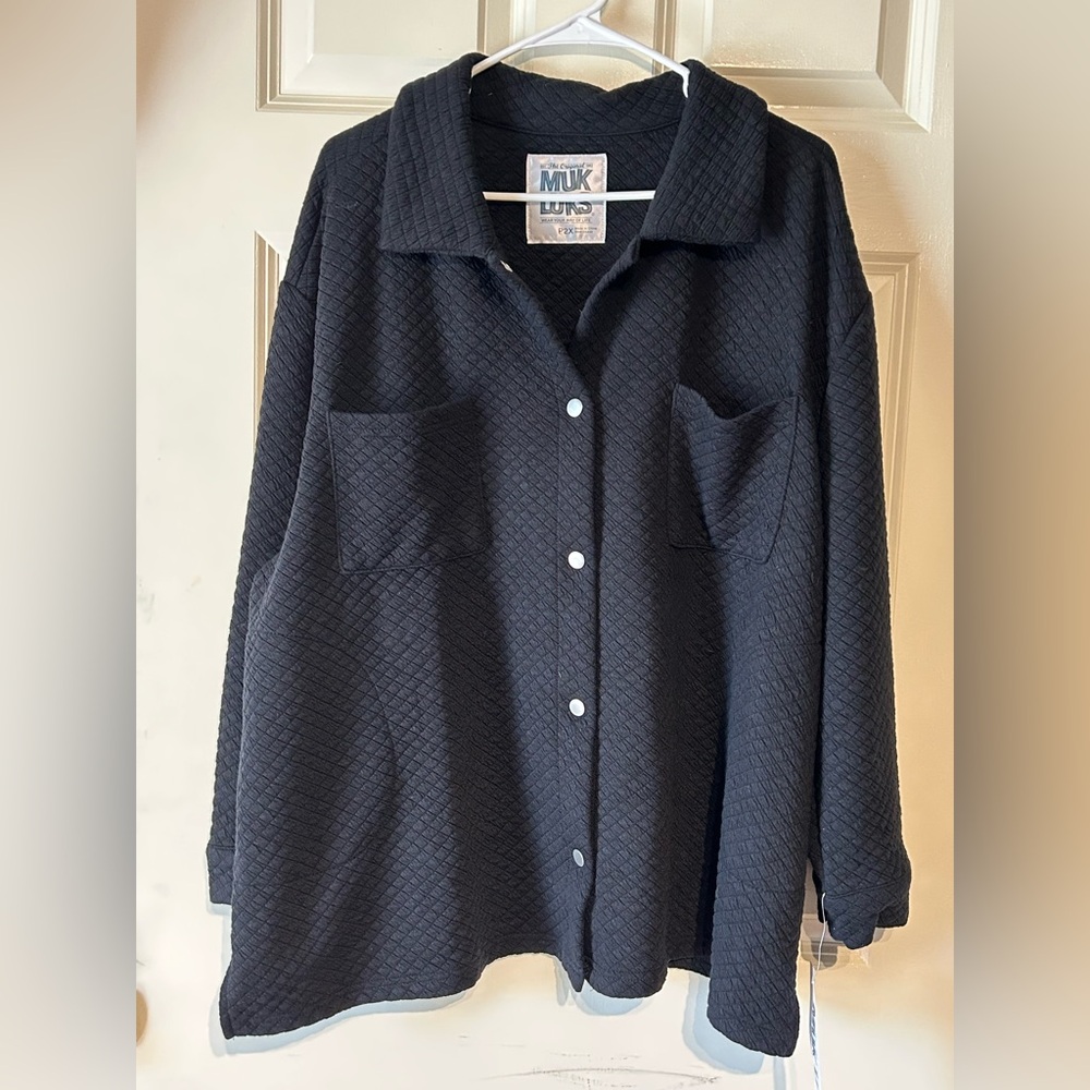Muk Luks Women's Plus Sz 2X Quilted Shacket BlackSnap Button Jacket Comfy & Cozy